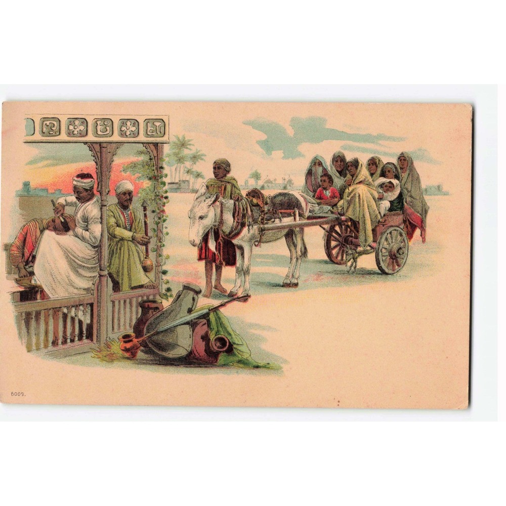 Vintage Carte Postale Egyptienne Barber and Donkey Cart Illustration 6009